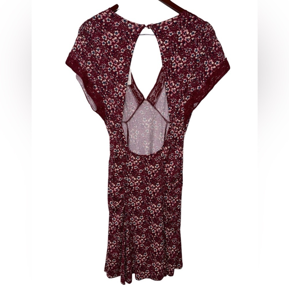 Free People Red Floral Lace Trim Mini Dress Open Back Boho Sz.S-flaw - Picture 3 of 9